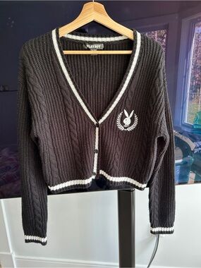 PLAYBOY Black Cable-Knit Cardigan with White Trim